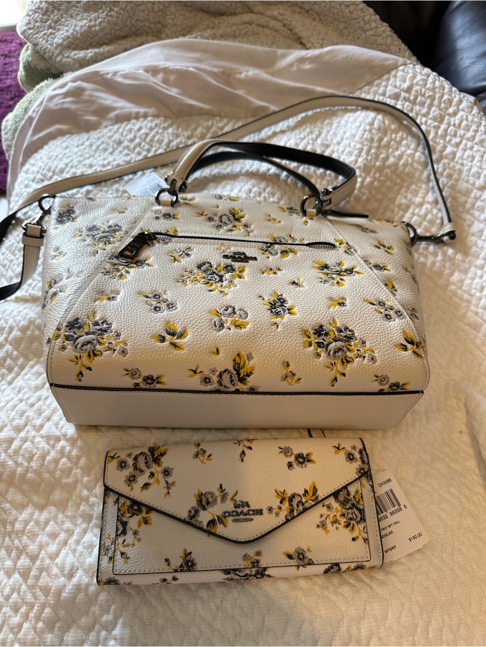Coach NWT Floral Leather Satchel and Wallet Set in White/Yellow